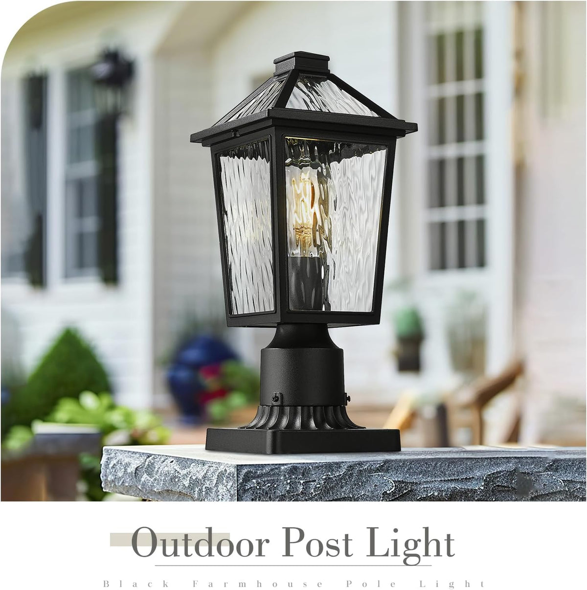 zeyu 13.4 Inch Outdoor Patio Post Lighting, Exterior 2 Pack Post Light Fixtures for Patio Yard, Die-Cast Aluminum with Water Ripple Glass, Black Finish, ZX58P-2PK-SW BK
