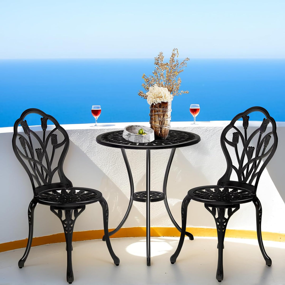 outvita 3 piece cast aluminum bistro set, tulip on a desk or shelf
