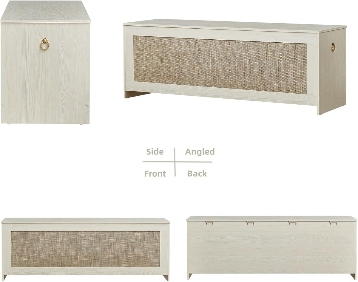 51.2" Storage Chest Large,Wooden Rattan Storage Bench.(White Cream)