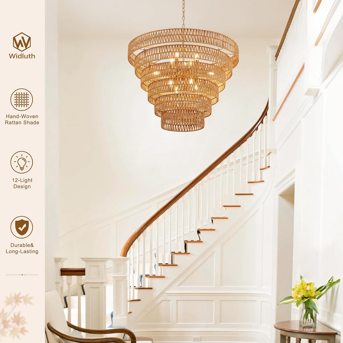 31.5" large gold rattan chandelier, 12-light hand-woven 6-tier, front angle view