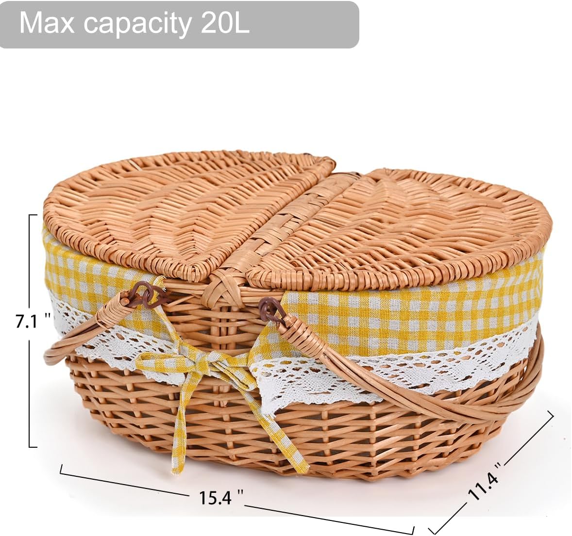 Large 15.4" Wicker Picnic Basket with Removable Liner Empty Picnic Baskets with Lid, Picnic Hamper with Foldable Handles for Picnic, Yellow Checkered, Large