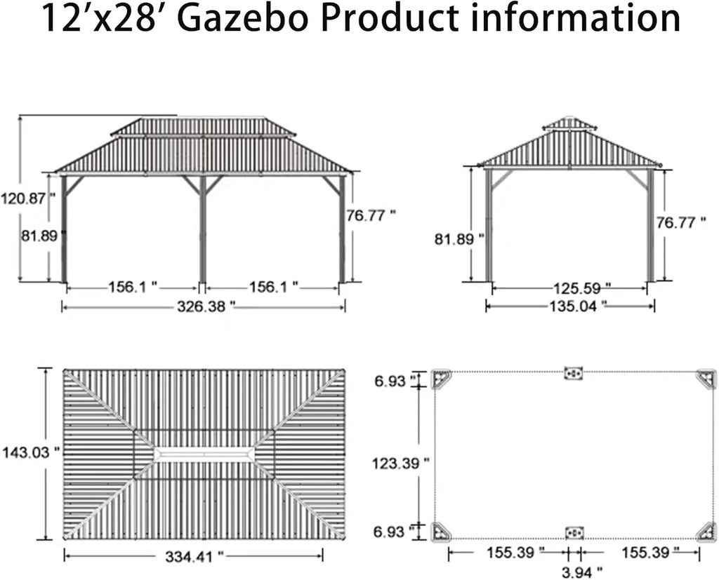PURPLE LEAF Patio Hardtop Gazebo 12' x 28' Bronze Frame Double Roof Khaki