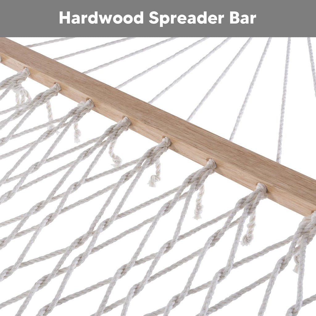 SUNCREAT 2 Person Hammock with Hardwood Spreader Bar, Outdoor Rope Hammock with Polyester Pad, 475 lbs Capacity, Beige