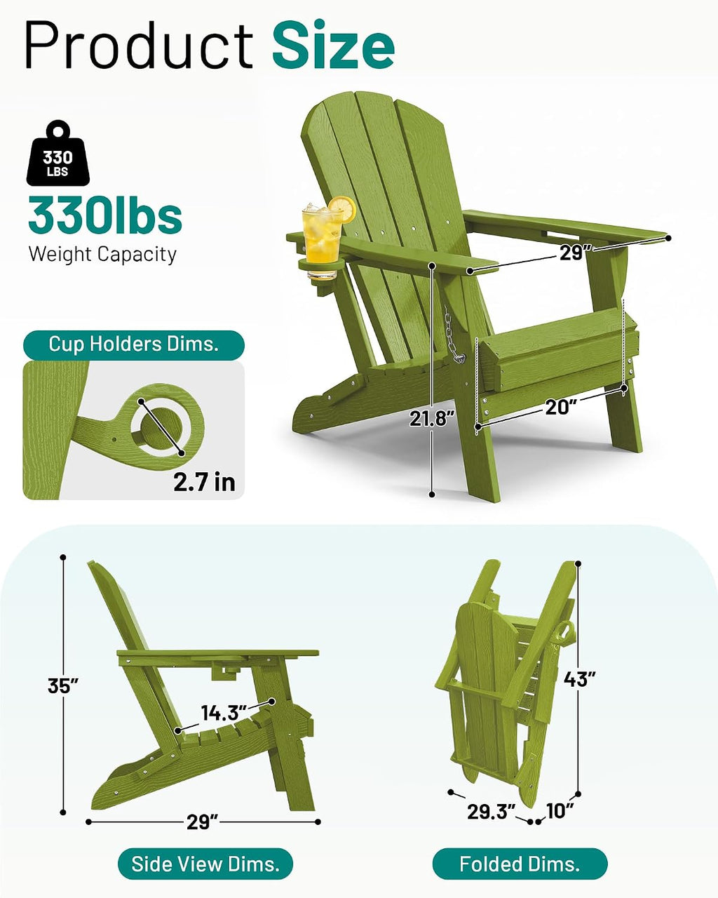 PLUUV Folding Adirondack Chairs Set of 6 with Cup Holder, Apple Green