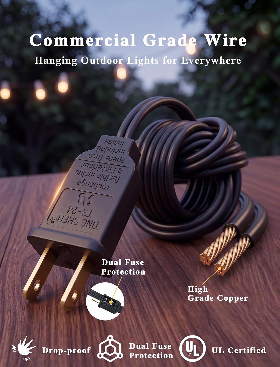 abeja 50ft g40 globe string lights, outdoor patio showing dimensions