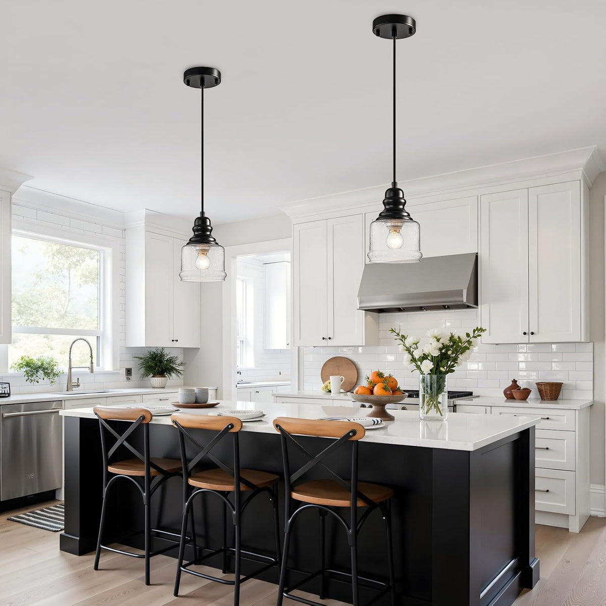 wilon industrial pendant light, 4'' black seeded glass, front angle view