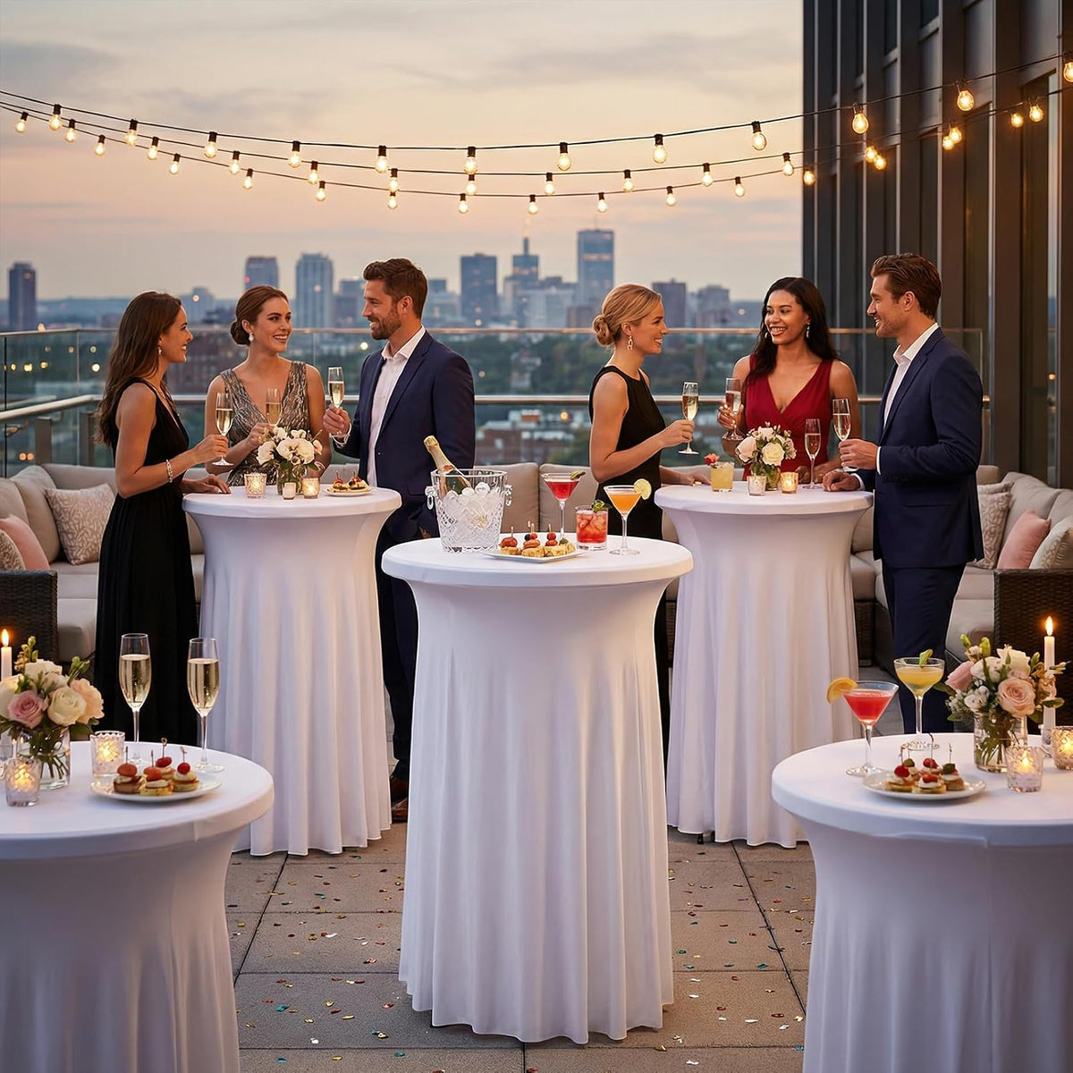 artsocket cocktail table covers, ruffle skirt, 2-pack, spandex shown in use