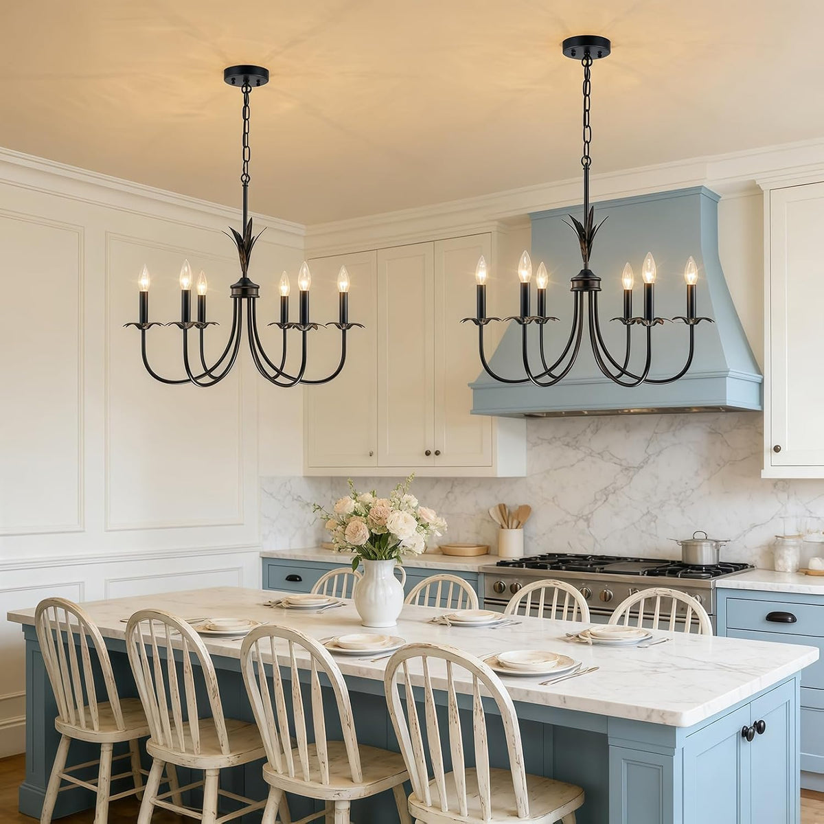6-Light Flower Black Chandeliers for Dining Room, 26" Farmhouse Chandelier