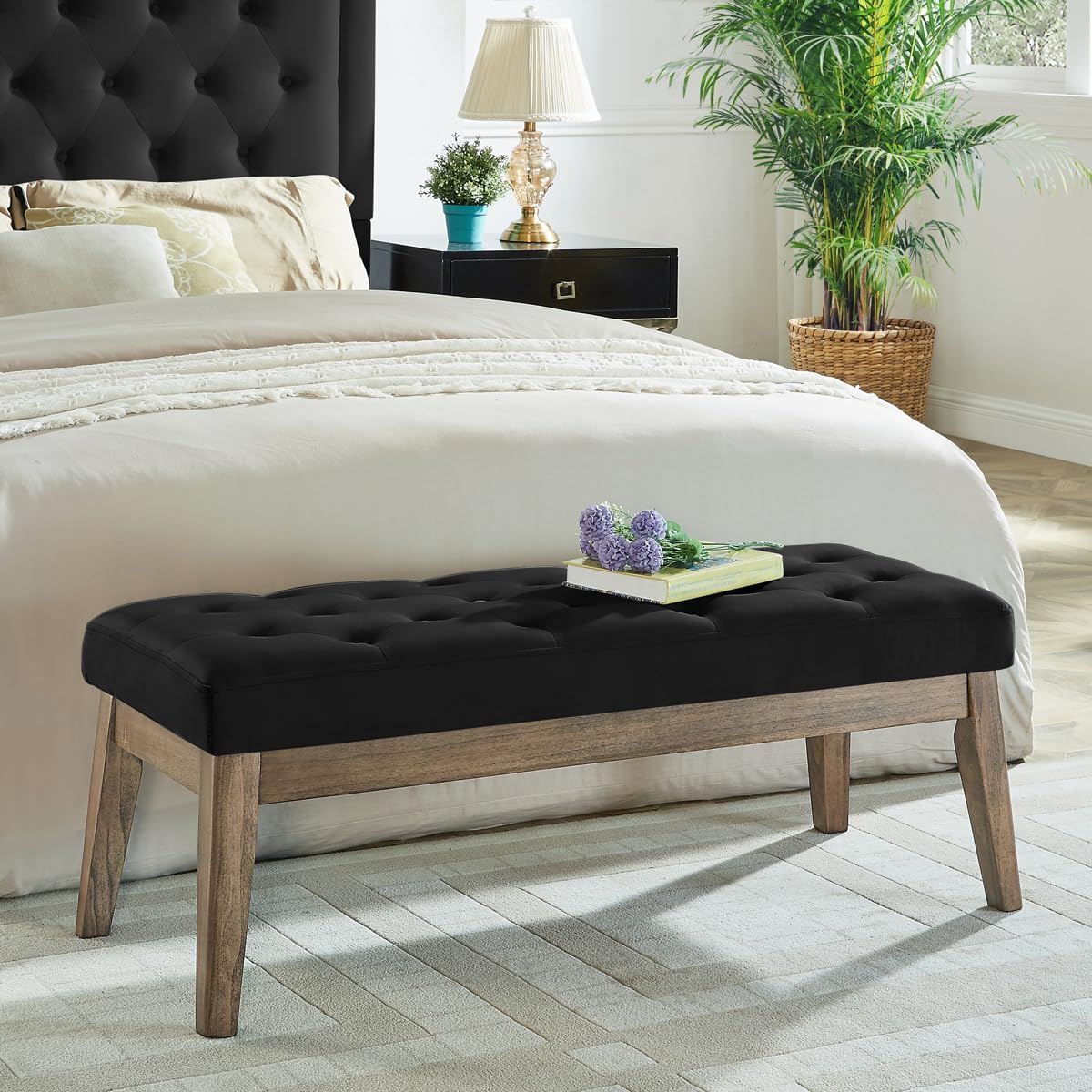 24KF Velvet Upholstered Buttons Tufted Entryway Bench with Solid Wood Leg,Bed Bench Ottoman with Padded Seat,5034-Black