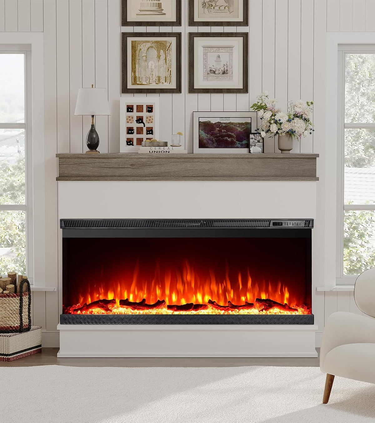 3-Sided View Electric Fireplace Insert - Minimalist Mantel - 12 Color Flame Effect - 1500/750 Watt Heater - Remote Control - Log & Crystals(40", White)