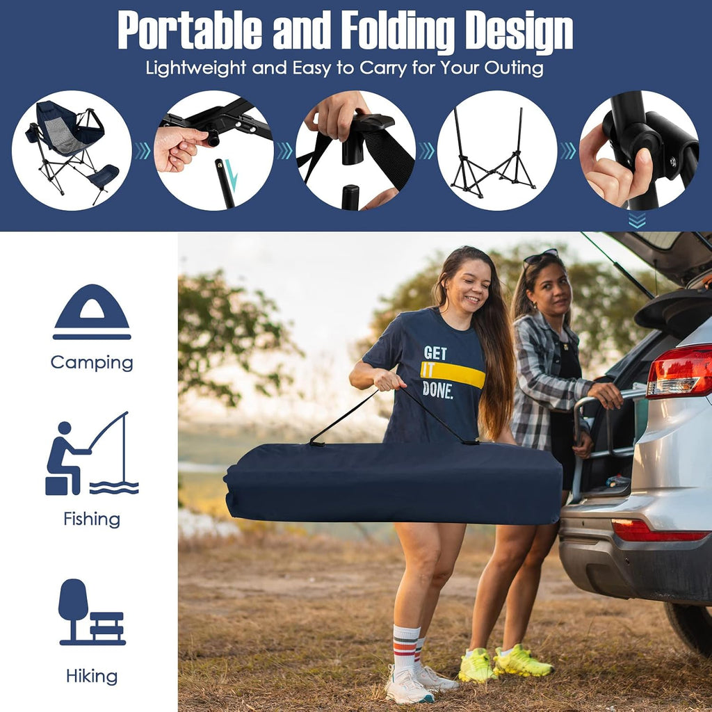 GIANTEX Outdoor Hammock Camping Chair - Rocking Chair with Removable Footrest, Adjustable Backrest, Pillow, Cup Holder, Storage Bag, Portable Fishing Chair for Poolside Patio Folding Chair (2, Navy)