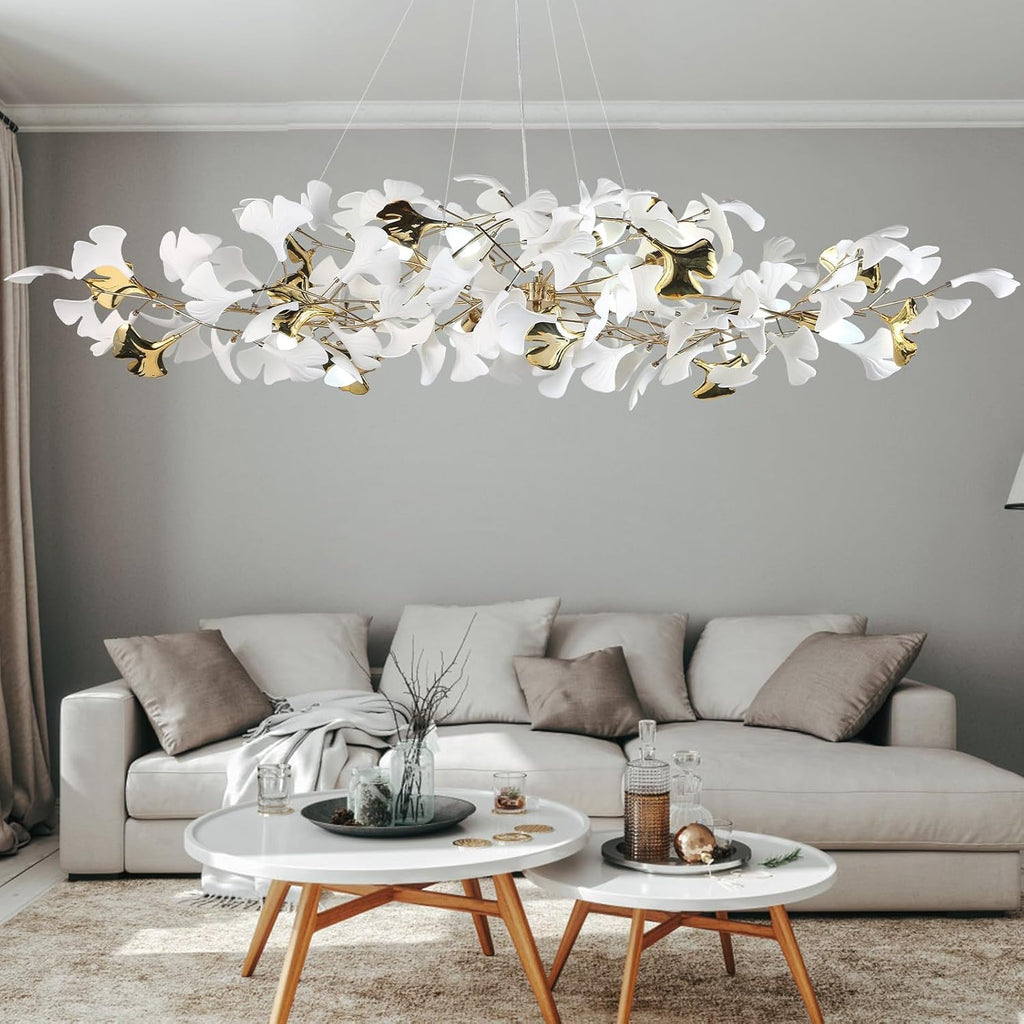 59 Inch White Rectangle Chandelier Gold Ceramic Ginkgo Leaf Chandeliers Brass Large Chandelier Modern Hanging Lights Fixture for Living Room Dining Room Kitchen Island,10-Light