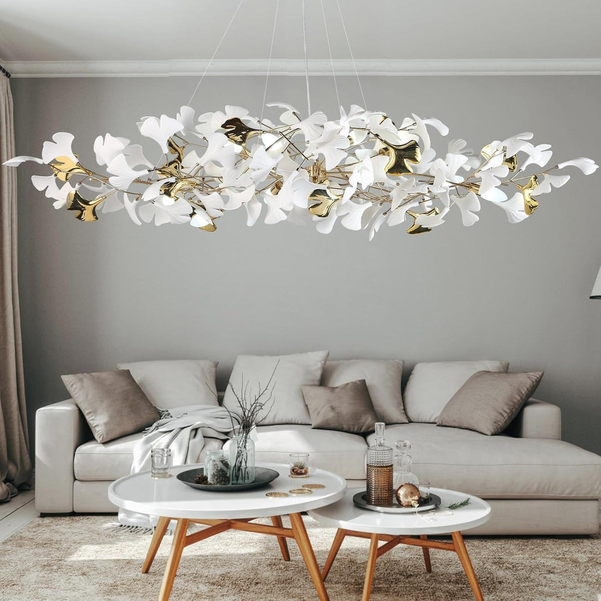 59 Inch White Rectangle Chandelier Gold Ceramic Ginkgo Leaf Chandeliers Brass Large Chandelier Modern Hanging Lights Fixture for Living Room Dining Room Kitchen Island,10-Light