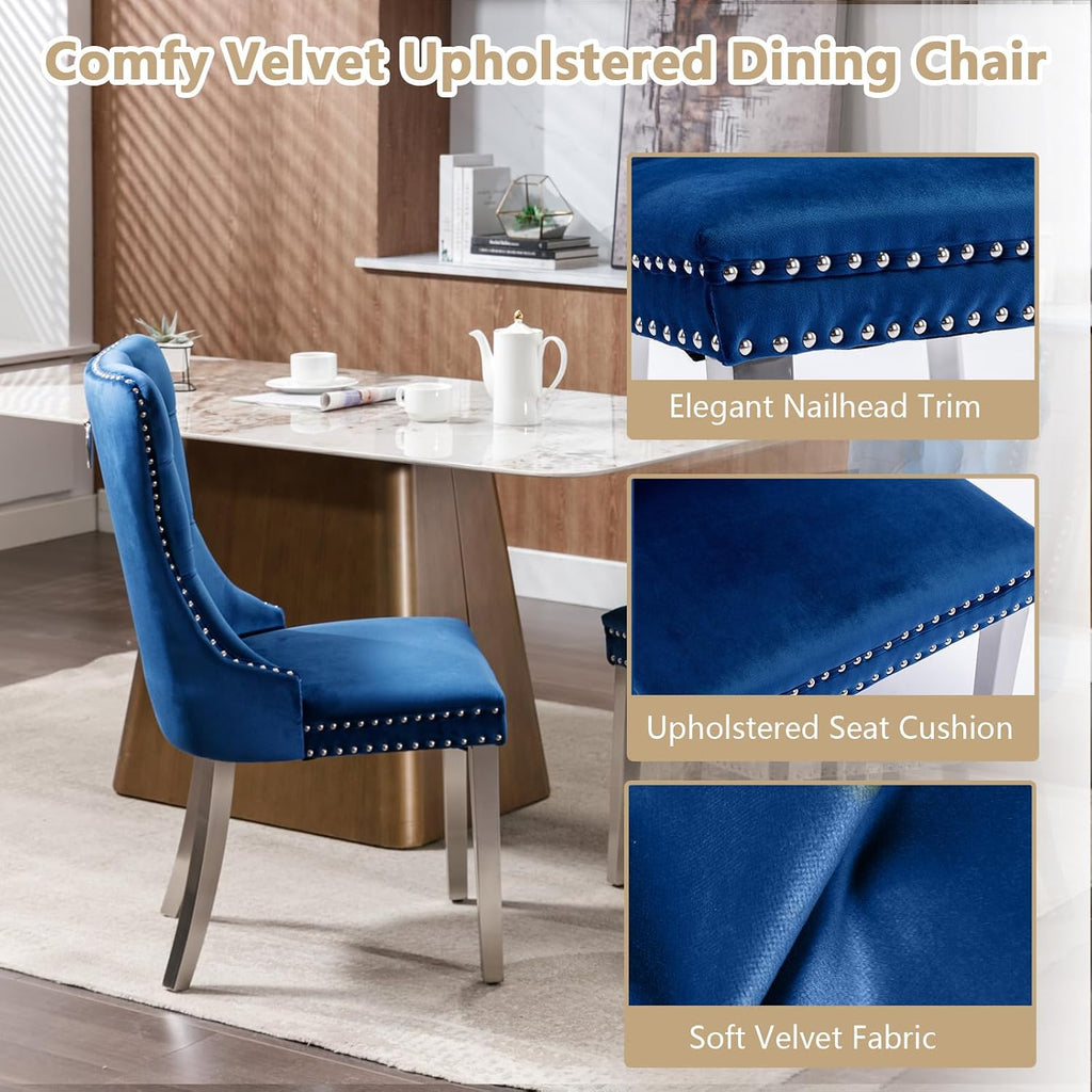 5 Piece Glass Dining Table Set Modern Glass Dining Table Set for 4, 51" Rectangular Kitchen Table and 4 Velvet Upholstered Chairs for Kitchen Dining Room, Silver Table & Blue Chair