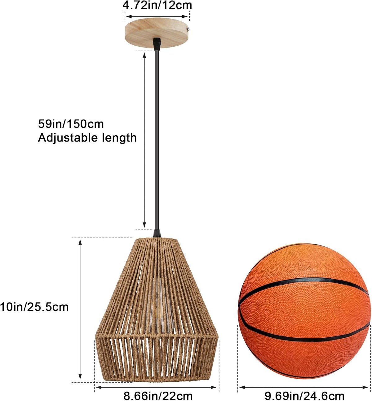 8.7'' woven rattan pendant light fixtures, 2 pack, side view