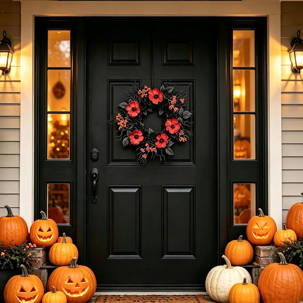 TEMPUS Halloween Wreath Set, 18 Inch, Black Rose and Poppy Berry, Handmade, for Front Door, Mantel, Window, Indoor Fall Decor, 2 Pack