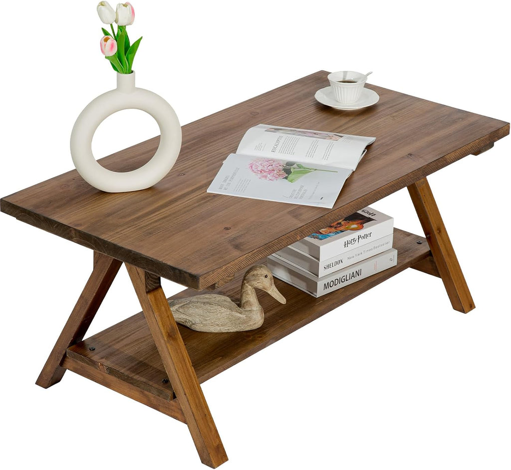 HOKYHOKY Solid Wood Coffee Table - 42.5” Firwood Farmhouse Rustic Wooden Coffee Tables for Living Room, Solid Firwood Rectangle Coffee Table, Center Table for Living Room, Brown