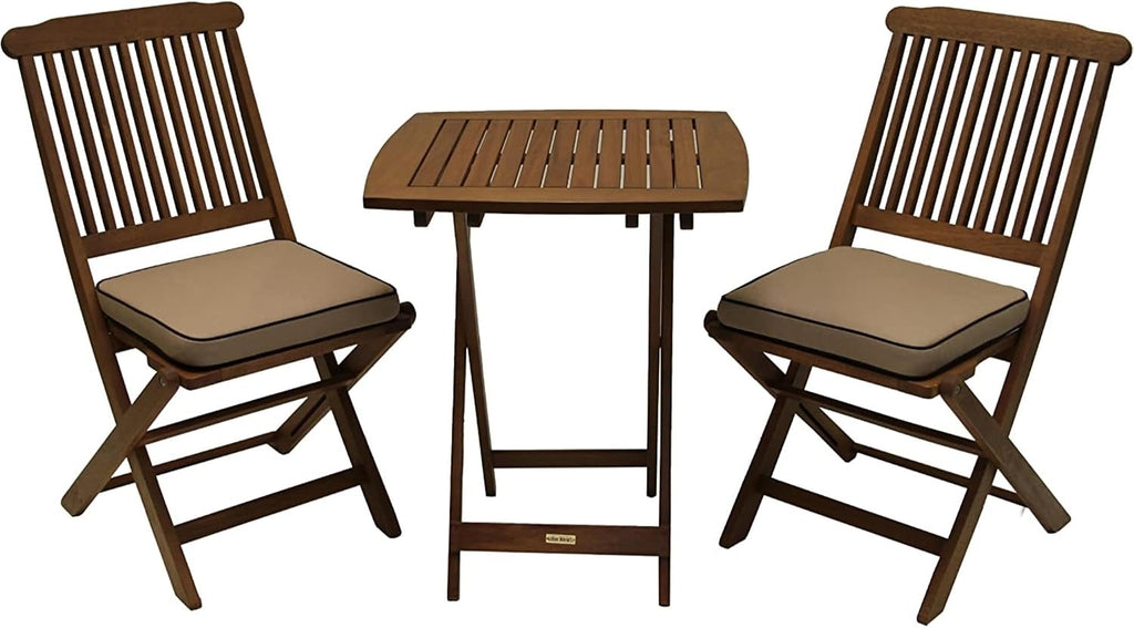 Outdoor Interiors Eucalyptus Wood 3-Piece Square Foldable Bistro Outdoor Furniture Patio Set, Table and 2 Chairs with Cushions, Beige