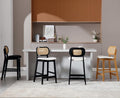 Shunzhi Rattan Counter Height Bar Stools Set of 2, Upholstered Sherpa Barstools with Woven Back, Boho Black Wood Farmhouse Bar Chairs for Pub/Home Bar/Kitchen Island, Cream White
