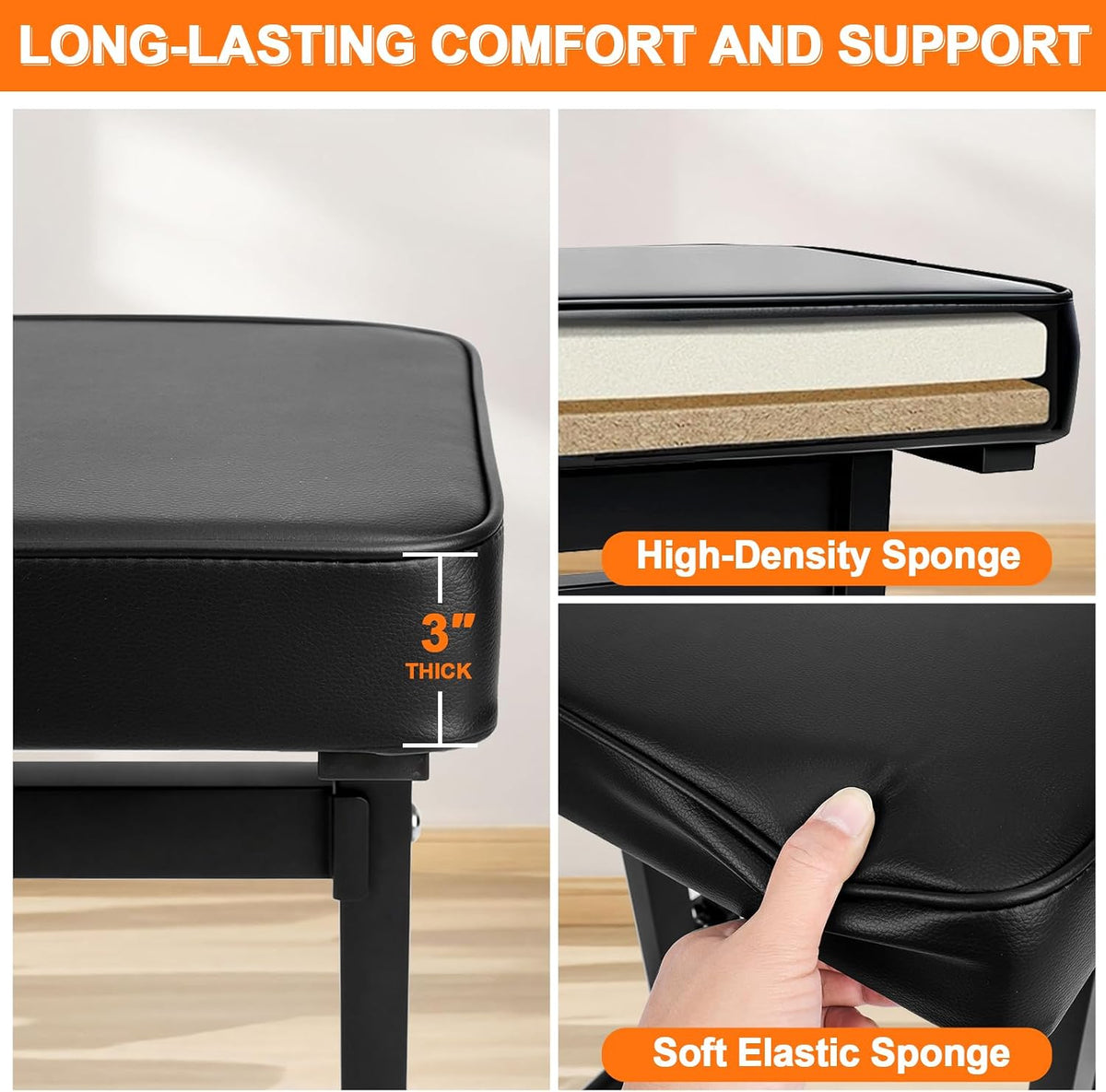 firstar adjustable piano bench 18.11" to 22.83", durable, side view