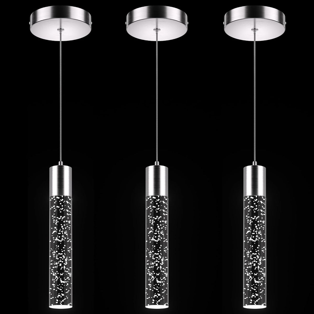 Pendant Lights Kitchen Island, 6500K Modern Kitchen Island Lights Brushed Nickel, 3 Pack Ceiling Lighting Fixtures with Crystal Bubble, Integrated LED Hanging Light for Dining Room Restaurant