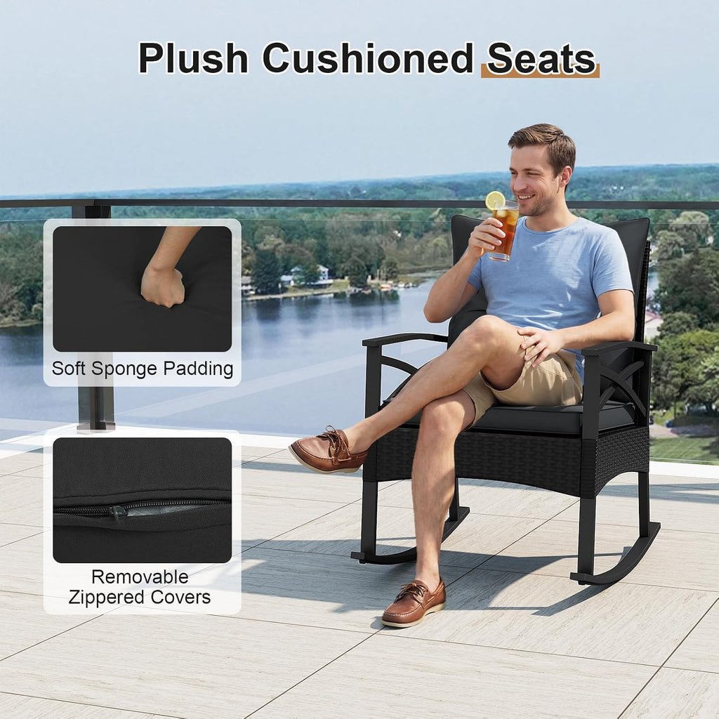 Tangkula 3 Pieces Wicker Outdoor Rocking Chairs Set