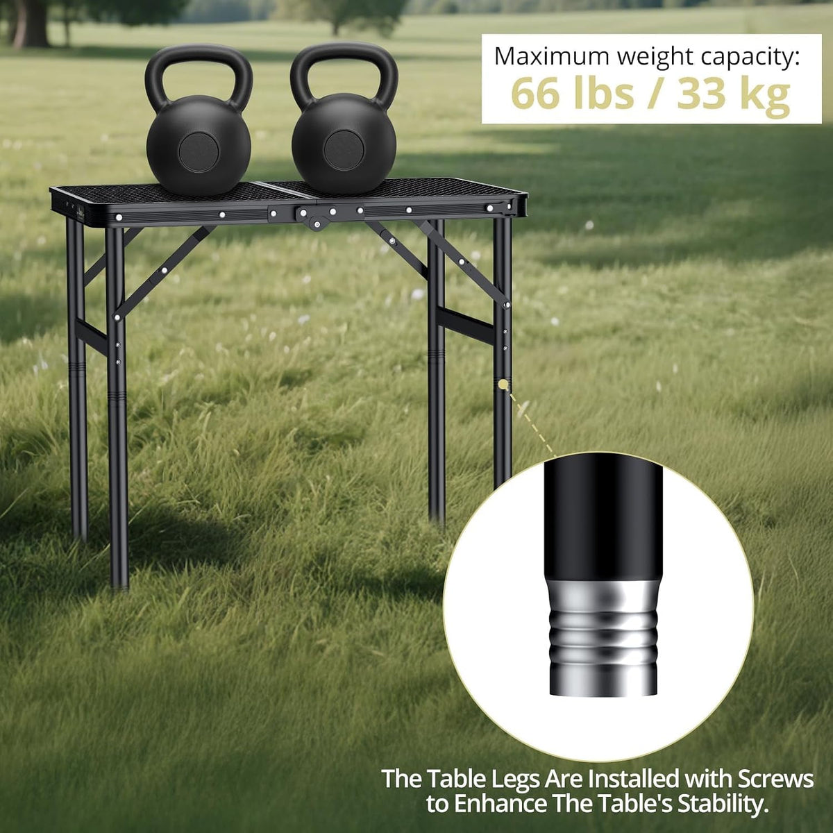 Anbte 2ft Folding Camping Grill Table Max 29.5", 3 Adjustable Height, Black