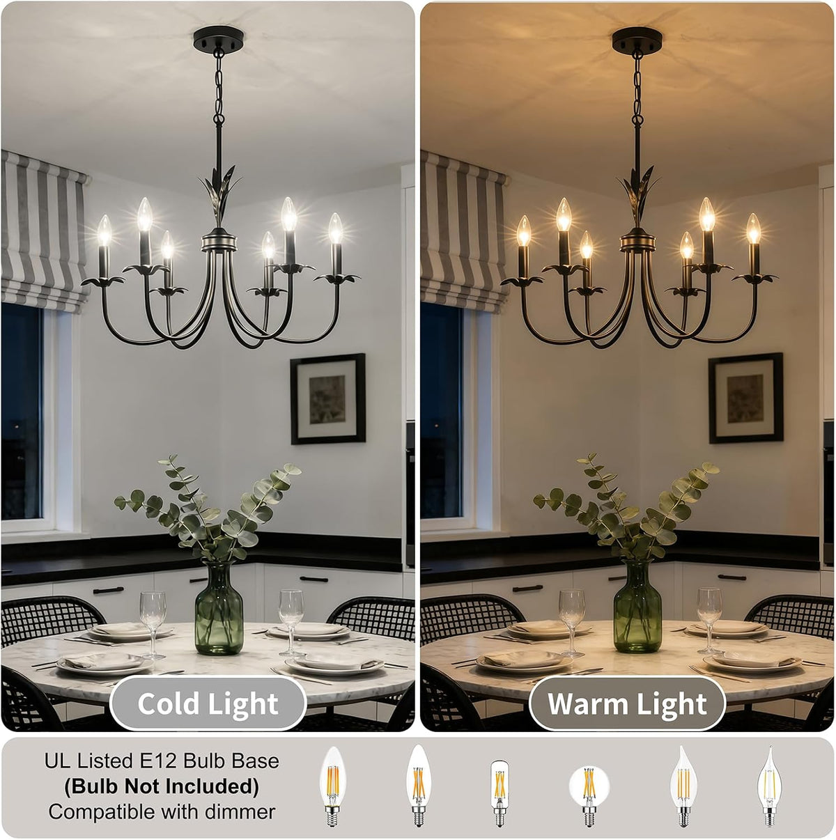 6-Light Flower Black Chandeliers for Dining Room, 26" Farmhouse Chandelier