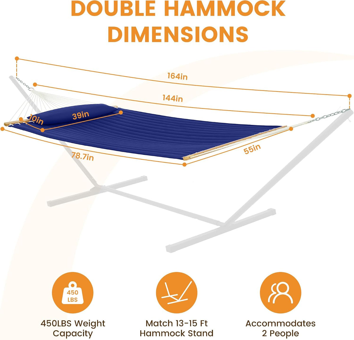Lazy Daze 12 FT Double Hammock with Spreader Bar for Outside, Navy Blue