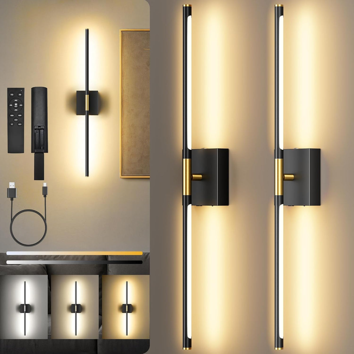 10000mAh Battery Operated Wall Sconces Set of 2, Black Gold-29Inch