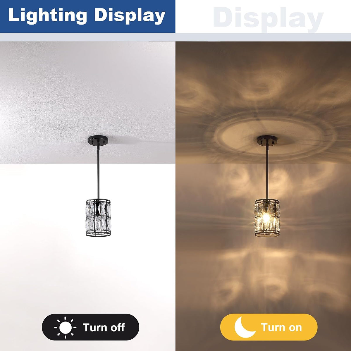 Modern Crystal Pendant Light Fixture 2-Pack Matte Black Finish Hanging Lighting Crystal Chandelier for Living Room, Kitchen