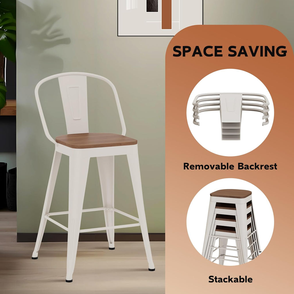24" Metal Counter Height Bar Stools with Back Set of 4 Off-White
