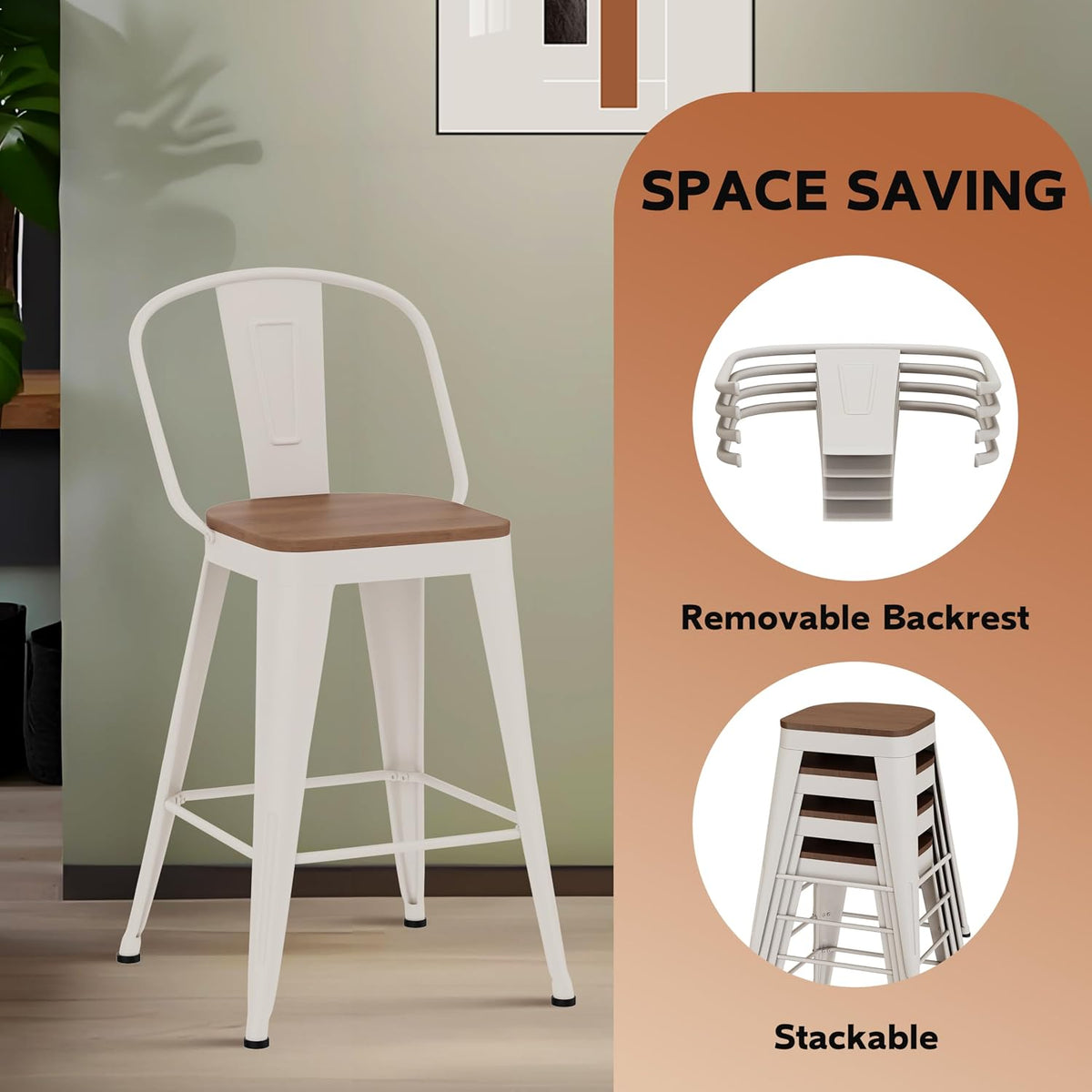 24" Metal Counter Height Bar Stools with Back Set of 4 Off-White