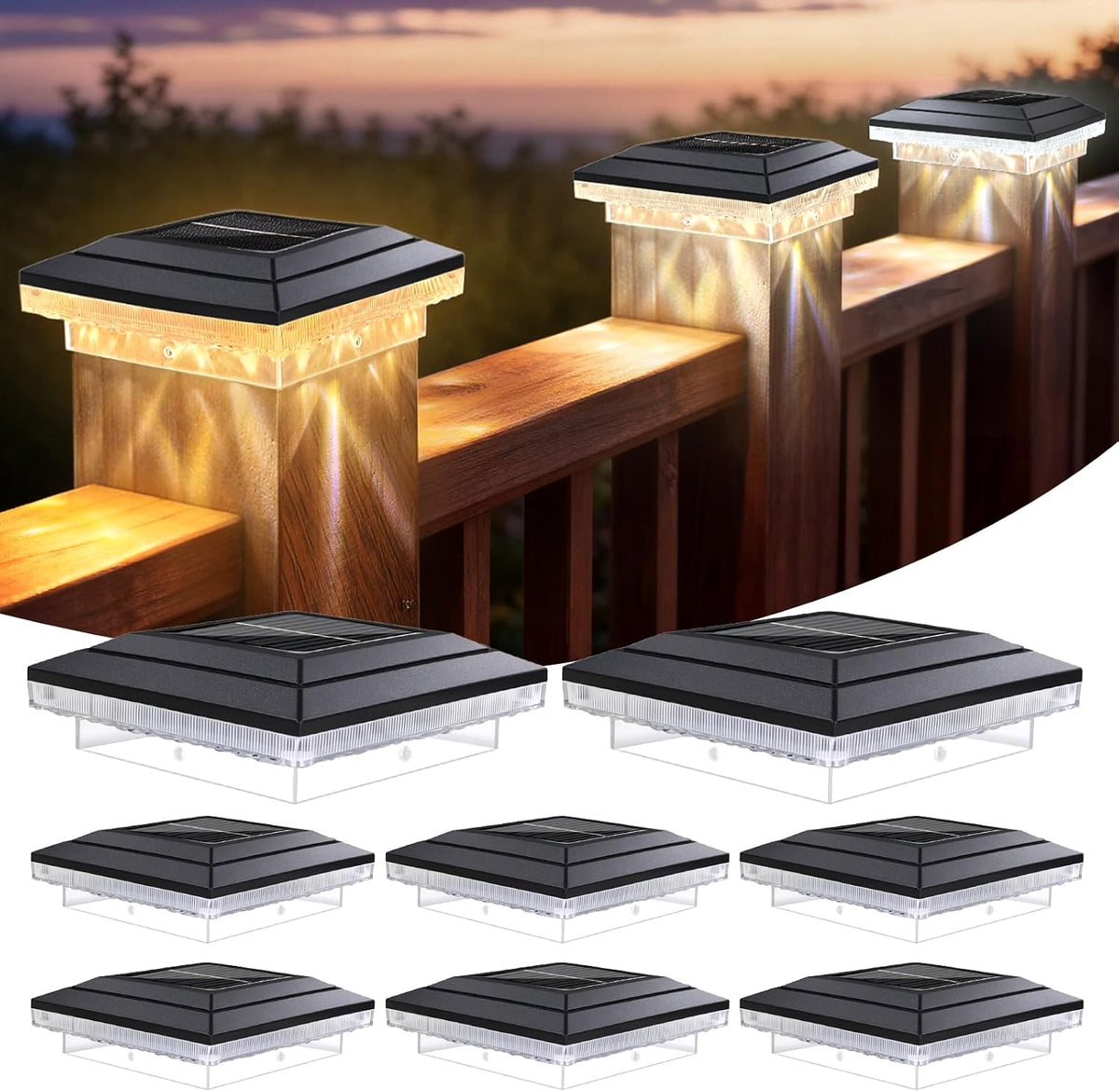BRIMAX 8 Pack 4x4 Solar Post Cap Lights,3 Modes,Water Ripple Light Effects