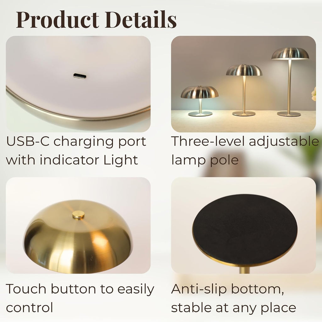 cordless 11" mushroom table lamp with dimmable 3 showing dimensions