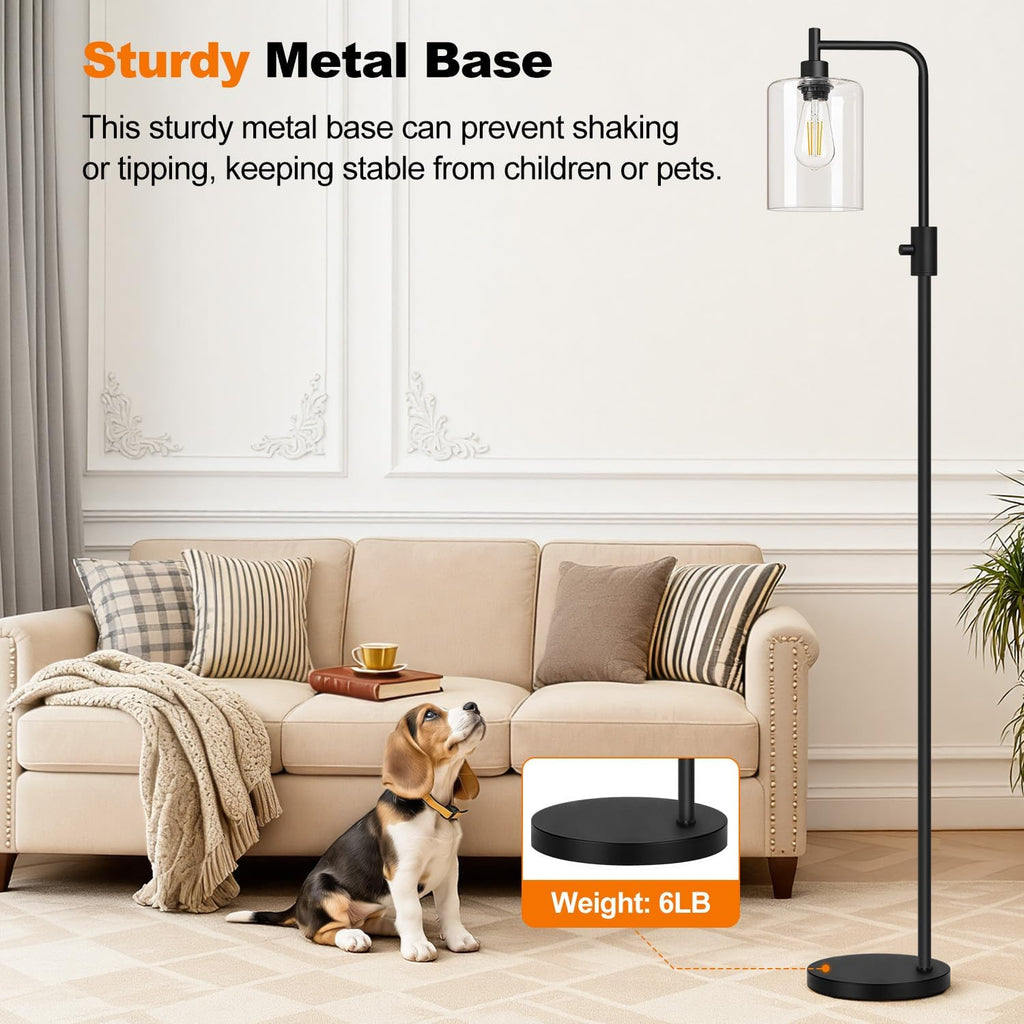 【Upgraded】 Dimmable Floor Lamp for Living Room with Clear Glass Lampshade, Black Modern Glass Floor Lamp with 900LM LED Bulb Included, Arc Standing Tall Lamp for Bedroom, Office, Reading Room, Corner