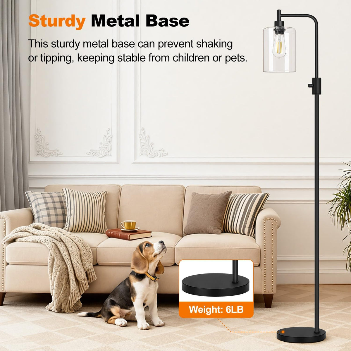 【Upgraded】 Dimmable Floor Lamp for Living Room with Clear Glass Lampshade, Black Modern Glass Floor Lamp with 900LM LED Bulb Included, Arc Standing Tall Lamp for Bedroom, Office, Reading Room, Corner