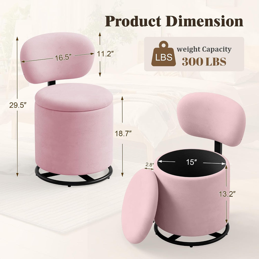 LIVELYGLOW Pink Velvet Swivel Vanity Chair with Storage Makeup Stool