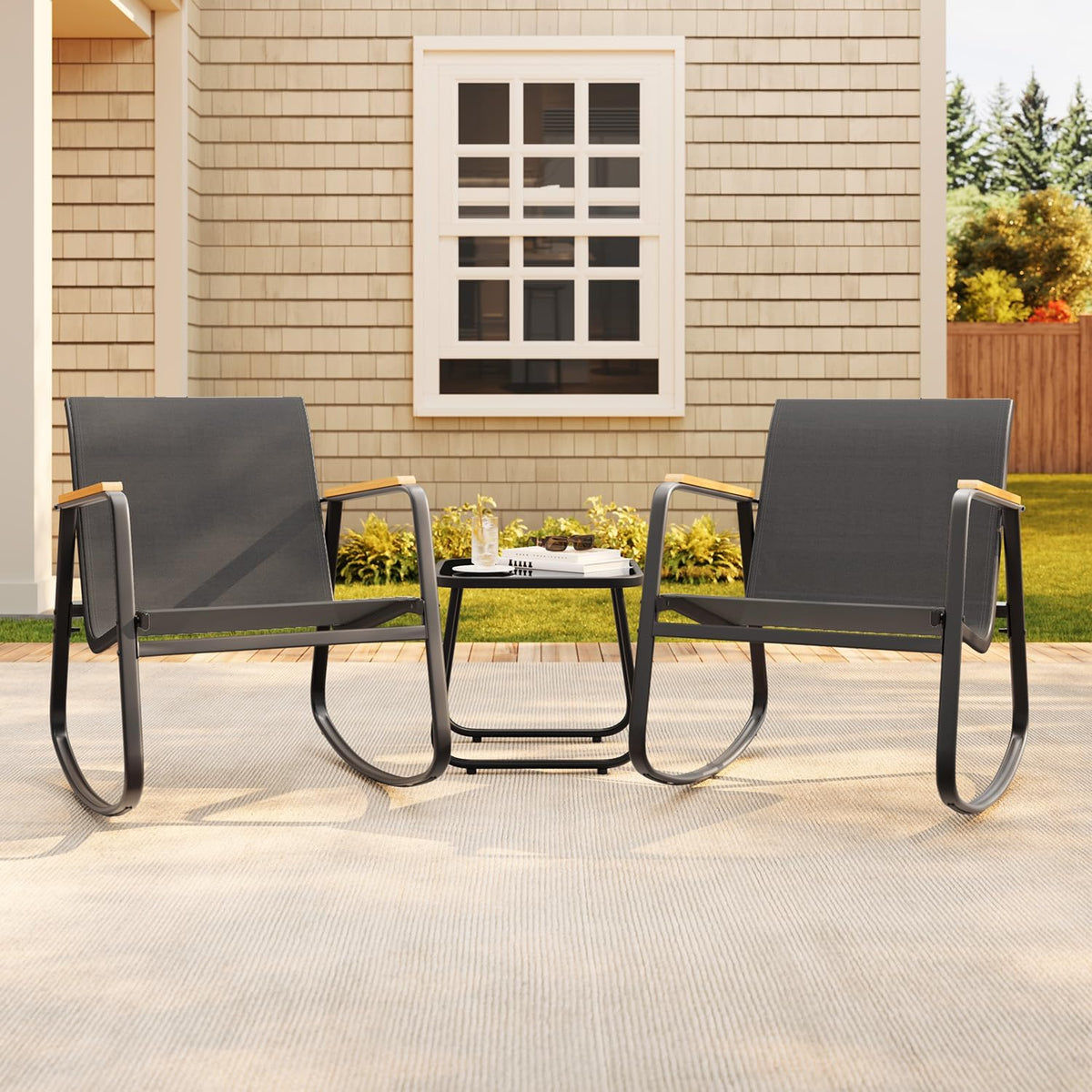 Aiho 3 Piece Rocking Bistro Set, Textilene Patio Chairs for Garden, Black