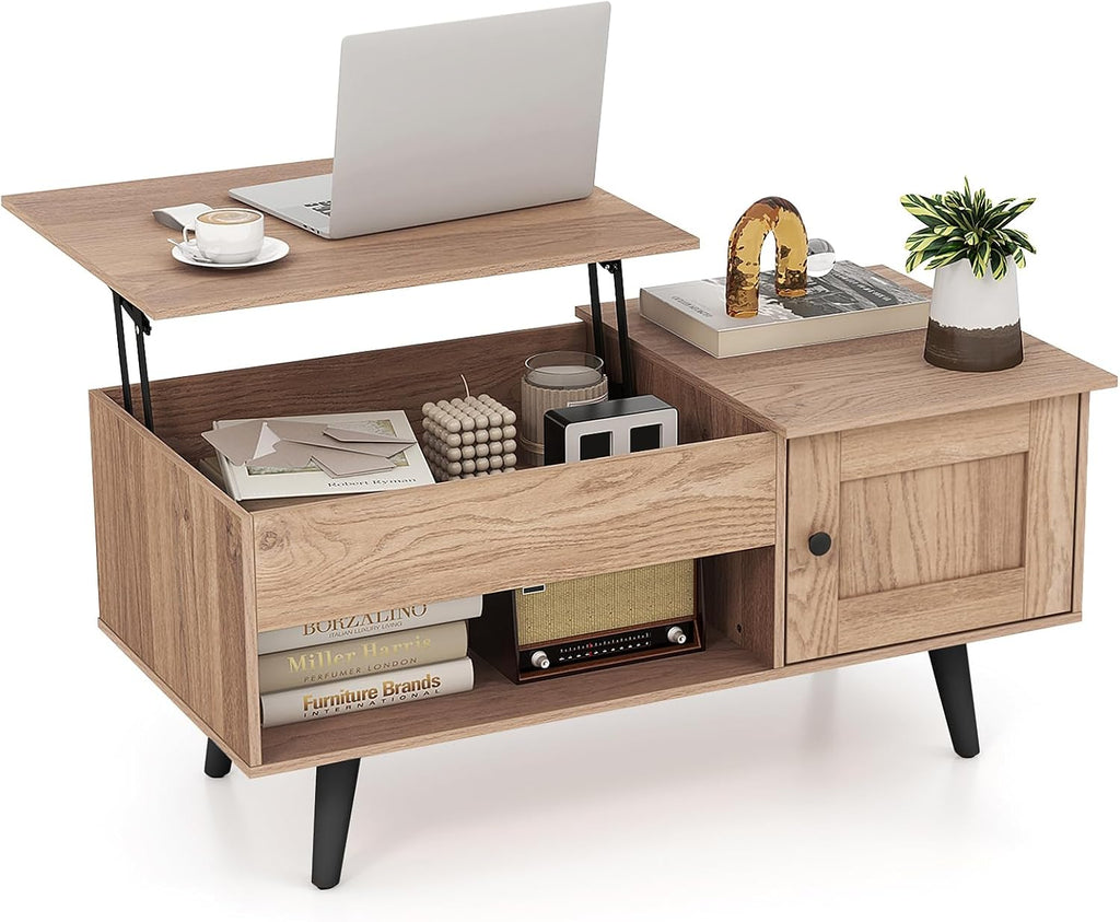 Tangkula Lift Top Coffee Table with Storage, Living Room Table with Hidden Compartment, Cabinet & Open Shelf, Flip Top Center Table, Pull up Coffee Table for Home, Office (Natural)