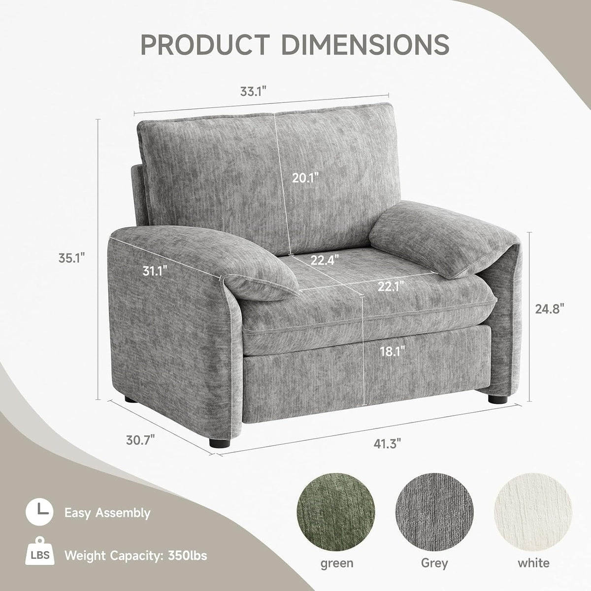 ONBRILL Oversized Accent Chair, 41 Inch Chenille Fabric Armchair, Grey