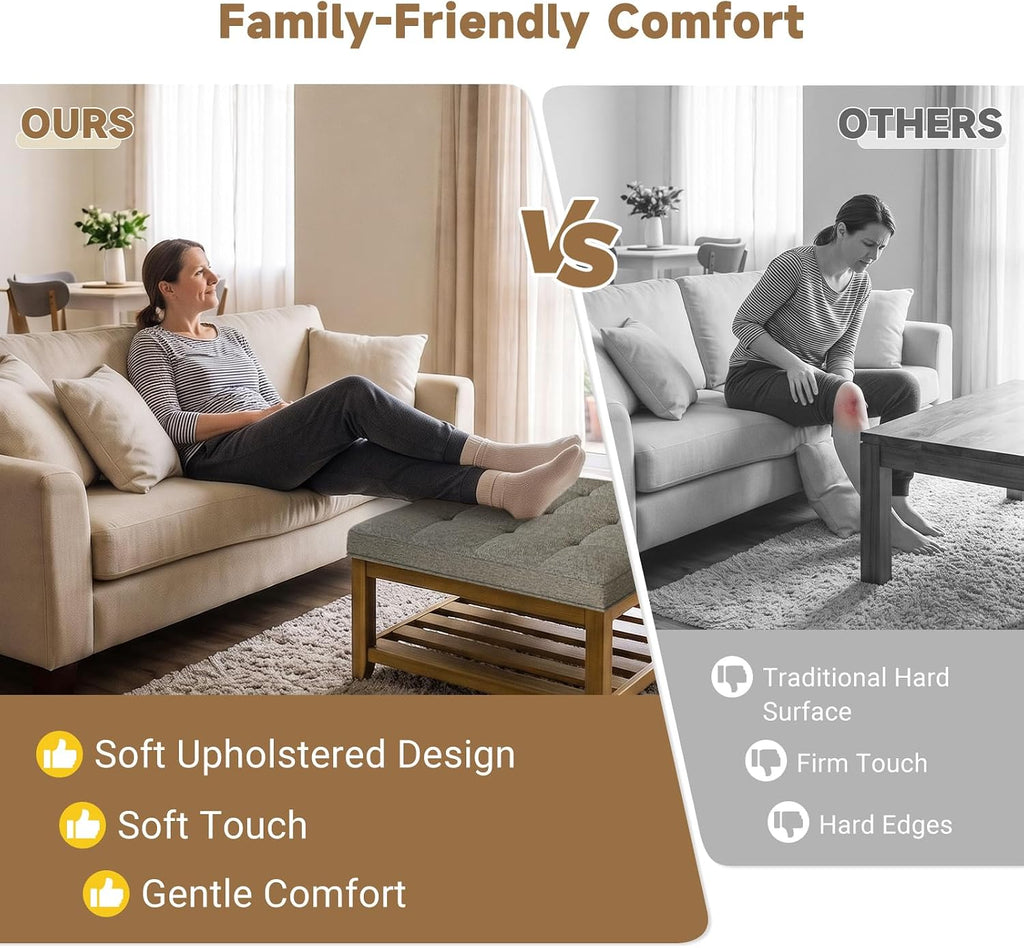 Befurtori Large Square Ottoman Coffee Table, Linen Solid Upholstered Footrest Ottoman with Solid Wood Shelf Storage Tufted Coffee Table for Bedroom Living Room, Granite