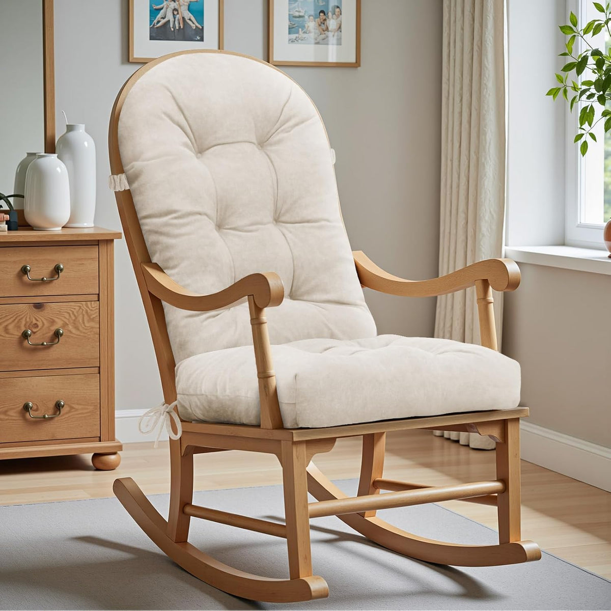 Rocking Chair Cushion 44x19, Plush 4 Inch Thick Velvet Replacement Cushion, Non-Slip with Ties, Machine Washable Tufted Chair Pad for Indoor Glider & Adirondack Rocker, Oyster White