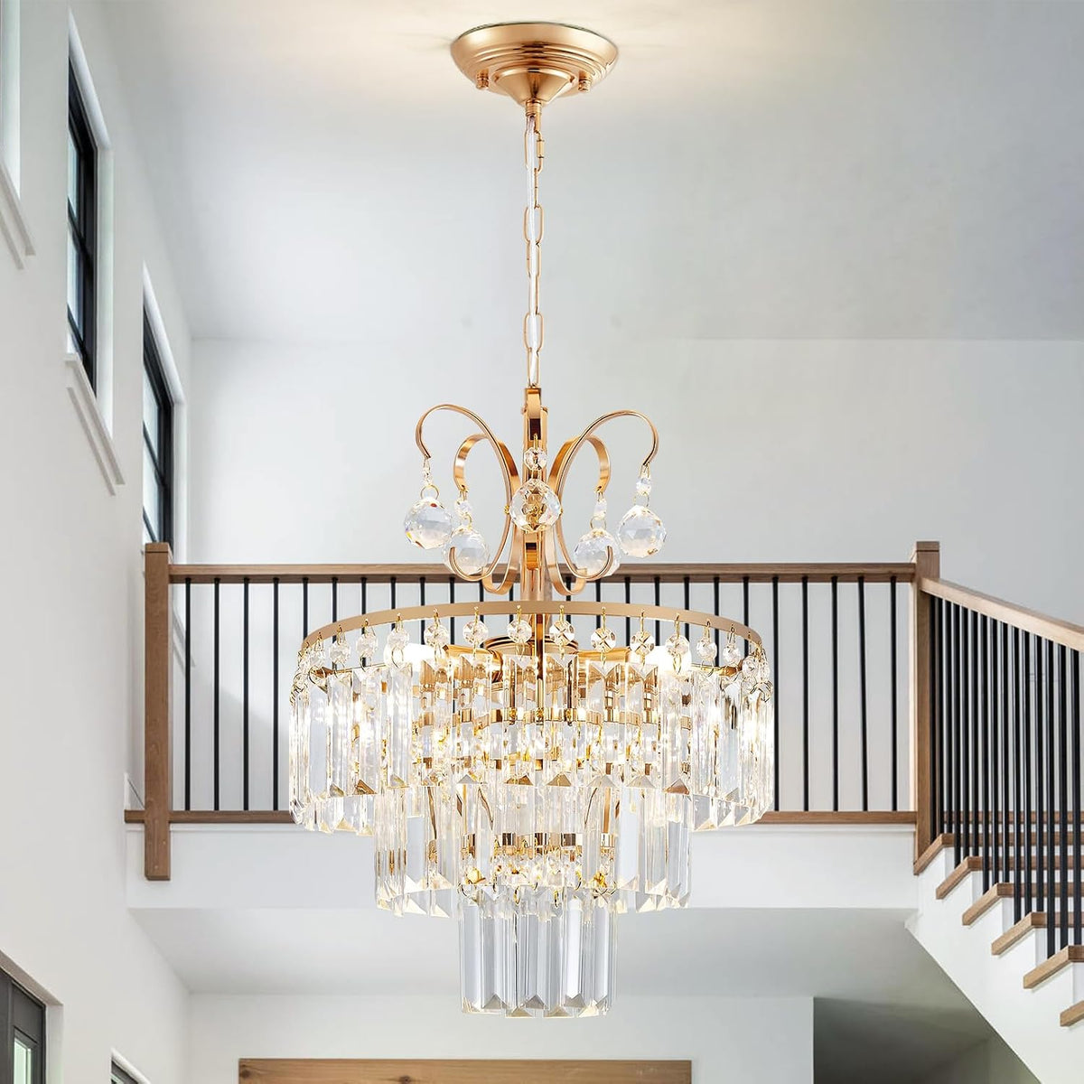 3-Light Gold Crystal Chandelier,Modern 3 Tier Semi Flush Mount Chandelier with G9 Base,Height Adjustable for Farmhouse Living Room Dining Room Bedroom Kitchen Corridors