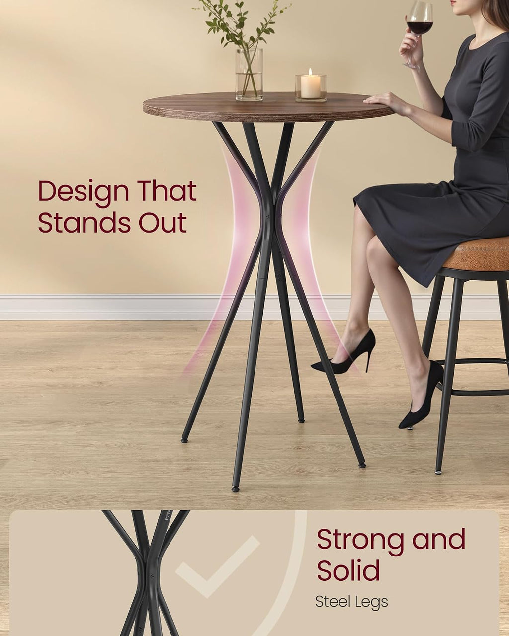 vasagle bar table, round cocktail high top pub, side view