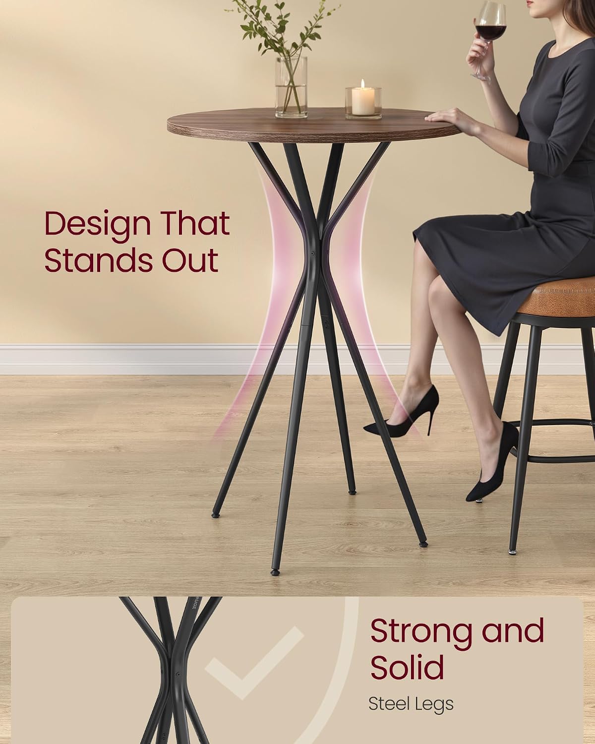 vasagle bar table, round cocktail high top pub, side view