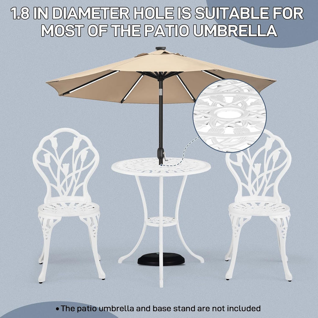 Outvita 3 Piece Cast Aluminum Bistro Set, Tulip Pattern White