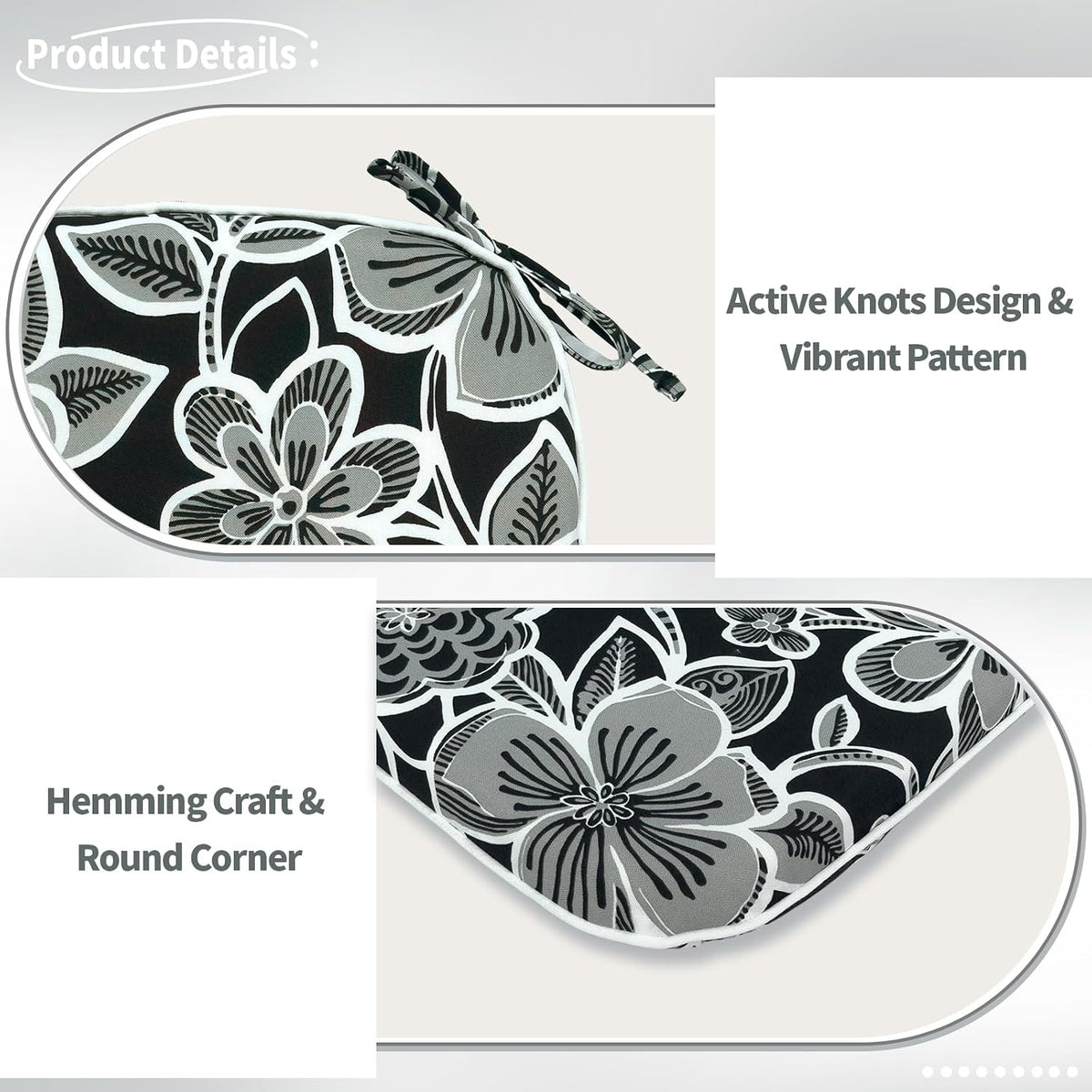 Indoor/Outdoor Chair Cushions 16x17 Inch, Patio Chair Cushions with Ties, All Weather Seat Cushions for Patio Furniture Home Garden Chair Use, Set of 2,Flower Black