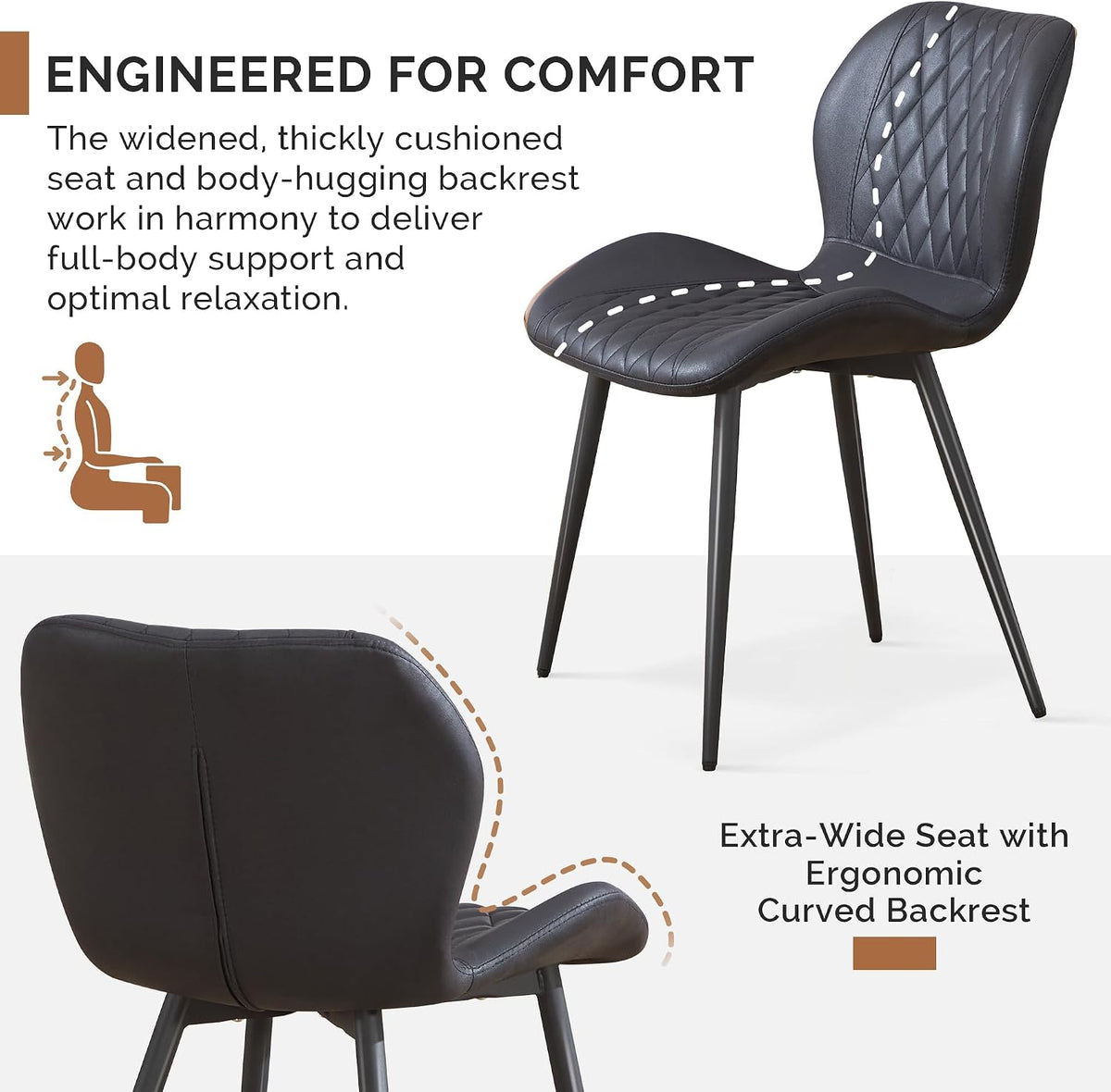 Dining Chairs Set of 2, Comfy Modern Dining Chairs with Thick Cushions, Upholstered Fabric Kitchen Side Chairs with Adjustable Metal Legs for Dining Room (Black)