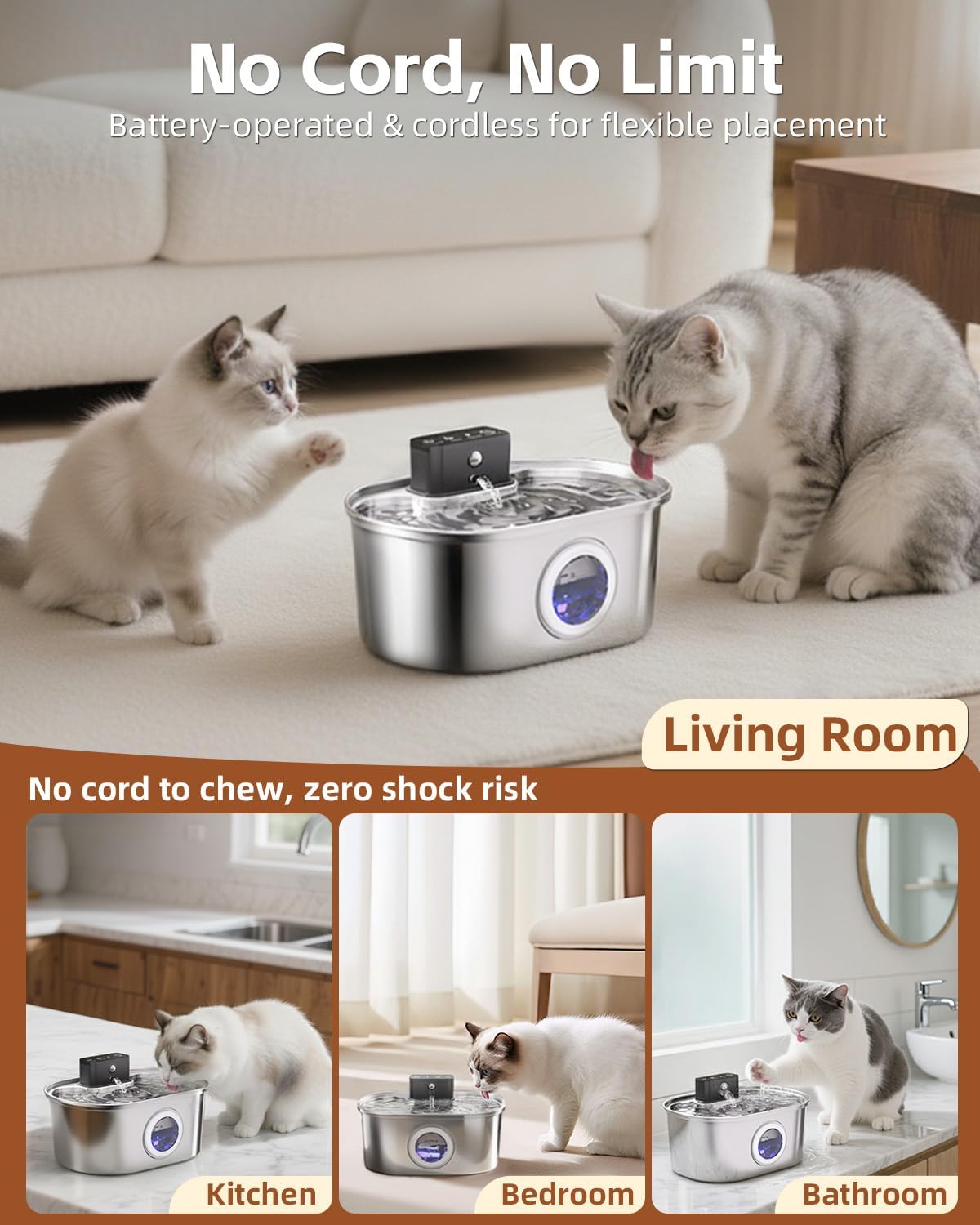 Cordless 3.2L/108oz Stainless Steel Cat Water Fountain Pet Fountain